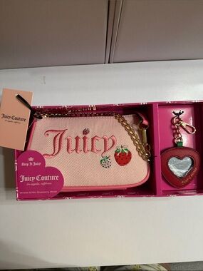 NIB Juicy Couture Pink Embroidered Strawberry Wristlet with Red Heart Charm